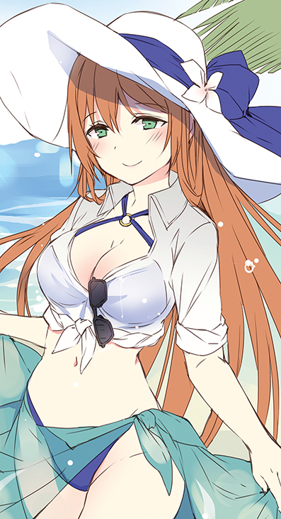 1girl bangs bikini blue_bikini blue_bow blush bow breasts brown_hair character_request cleavage closed_mouth crop_top day eyebrows_visible_through_hair eyewear_removed flower girls_frontline green_eyes hair_between_eyes hat hat_bow jin_young-in large_breasts long_hair o-ring_bikini o-ring_top outdoors sarong shirt sleeves_rolled_up smile solo sun_hat sunglasses swimsuit tied_shirt very_long_hair water white_flower white_hat white_shirt