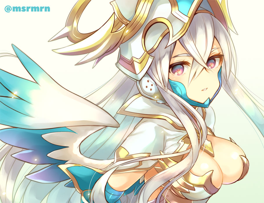 1girl armor bangs beige_background blue_wings blush breasts cleavage elia_(p&amp;d) from_side gauntlets gradient_wings hair_between_eyes halo helmet large_breasts long_hair looking_at_viewer looking_to_the_side marshmallow_mille multicolored multicolored_wings parted_lips puzzle_&amp;_dragons red_eyes silver_hair simple_background solo very_long_hair white_wings winged_helmet wings