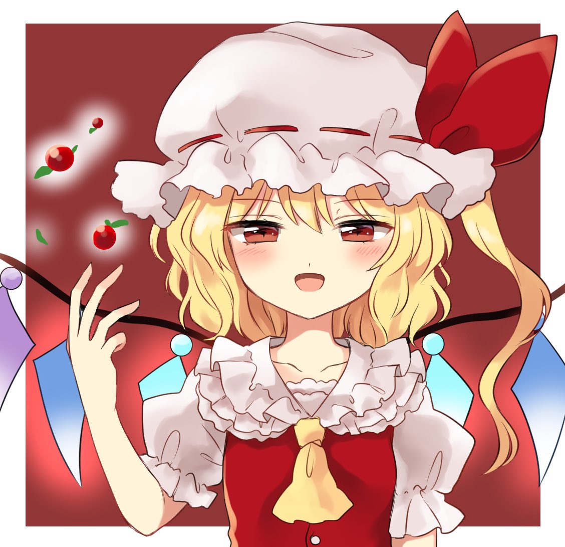 1girl :d ascot blonde_hair blouse blush cherry flandre_scarlet food frilled_shirt_collar frills fruit hat looking_at_viewer mob_cap open_mouth puffy_short_sleeves puffy_sleeves red_eyes short_hair_with_long_locks short_sleeves side_ponytail slit_pupils smile solo touhou wings yellow_neckwear yururi_nano