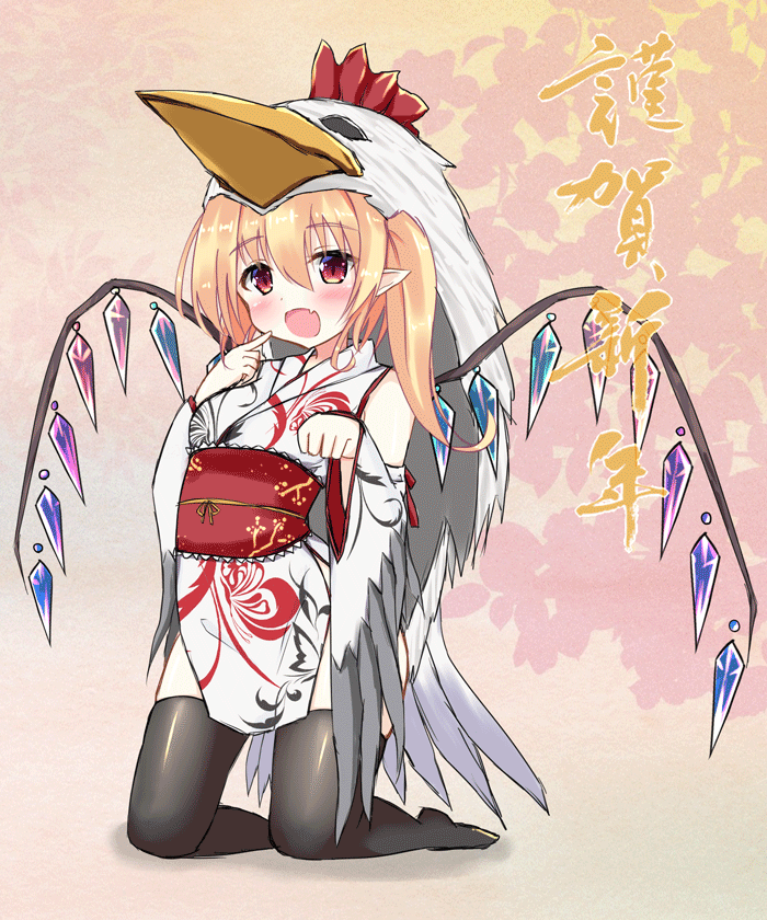 1girl alternate_costume black_legwear blonde_hair detached_sleeves fang flandre_scarlet full_body hair_between_eyes hand_up japanese_clothes kanitama kimono kneeling obi open_mouth pointing pointing_at_self pointy_ears red_eyes rooster_costume sash solo thigh-highs touhou white_kimono wings