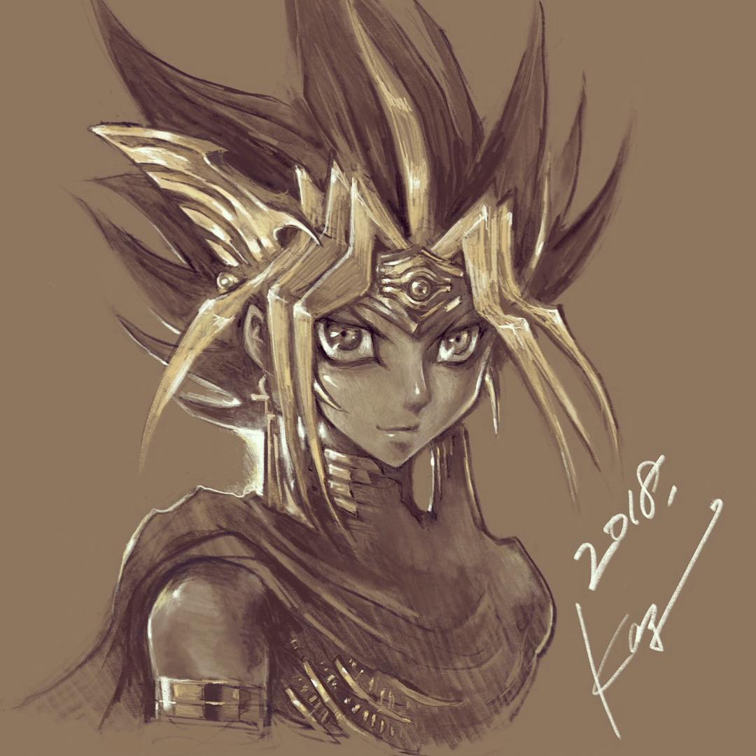 1boy armlet atem bare_shoulders blonde_hair brown_background cape ear earrings forehead_protector jewelry long_hair looking_at_viewer male_focus monochrome multicolored_hair sepia signature simple_background smile solo spiky_hair takahashi_kazuki upper_body yu-gi-oh! yuu-gi-ou_duel_monsters