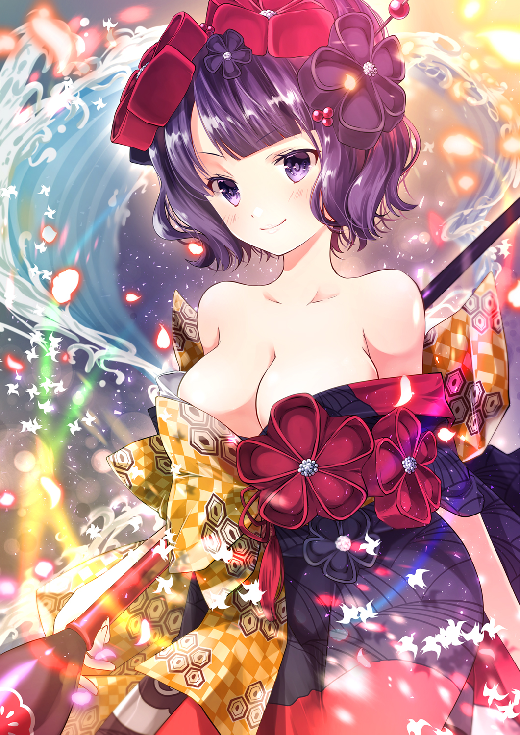 1girl bare_shoulders black_hair blue_eyes breasts fate/grand_order fate_(series) flower hair_flower hair_ornament highres iroha_(shiki) japanese_clothes katsushika_hokusai_(fate/grand_order) kimono looking_at_viewer medium_breasts obi sash short_hair solo