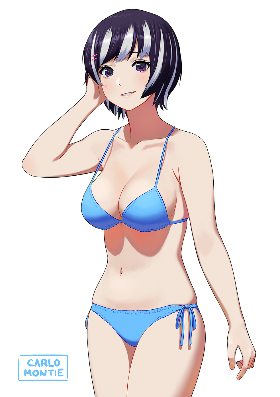 1girl arm_at_side arm_up artist_name bakemonogatari bikini black_hair blue_bikini blush breasts carlo_montie cleavage commentary cowboy_shot hair_ornament hairclip hand_in_hair hanekawa_tsubasa highres large_breasts looking_at_viewer monogatari_(series) multicolored_hair short_hair side-tie_bikini simple_background solo standing streaked_hair swimsuit violet_eyes white_background white_hair