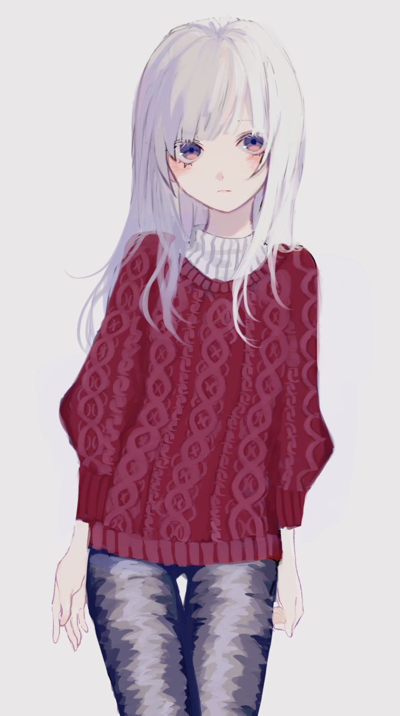 1girl bangs blue_pants closed_mouth cowboy_shot grey_background highres long_hair long_sleeves looking_at_viewer original p2_(uxjzz) pants red_sweater silver_hair simple_background solo standing sweater thigh_gap violet_eyes