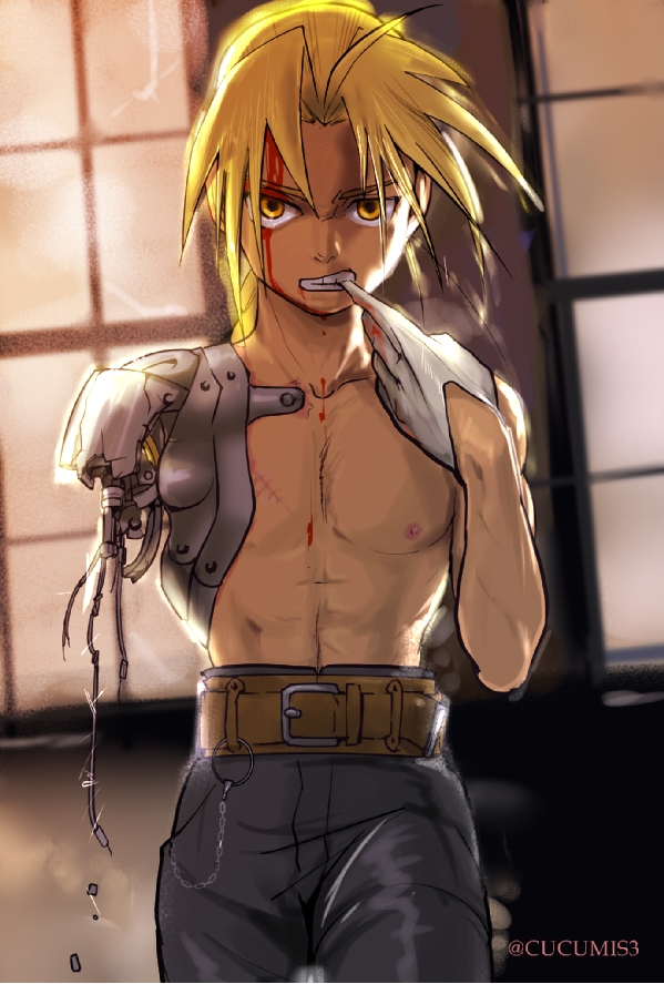 1boy artist_name automail bare_chest belt biting blonde_hair blood blood_on_face blurry blurry_background edward_elric fullmetal_alchemist gloves looking_at_viewer male_focus pants scar serious shirtless standing twitter_username urikurage window yellow_eyes
