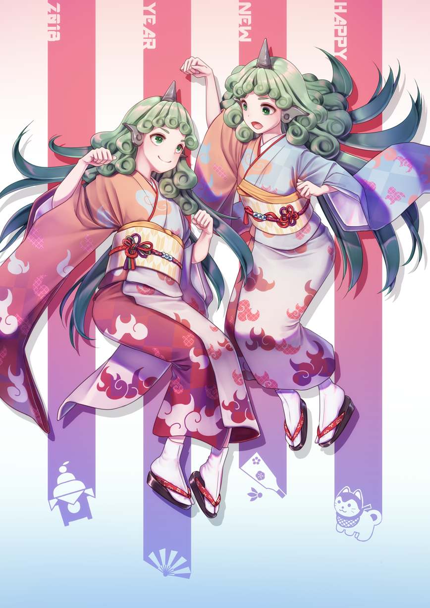 2girls alternate_costume animal_ears bangs cloud_print commentary_request curly_hair dtvisu dual_persona green_eyes green_hair happy_new_year highres horn japanese_clothes kimono komano_aun long_hair looking_at_another multiple_girls new_year obi paw_pose red_kimono sandals sash smile tabi touhou white_kimono white_legwear wide_sleeves