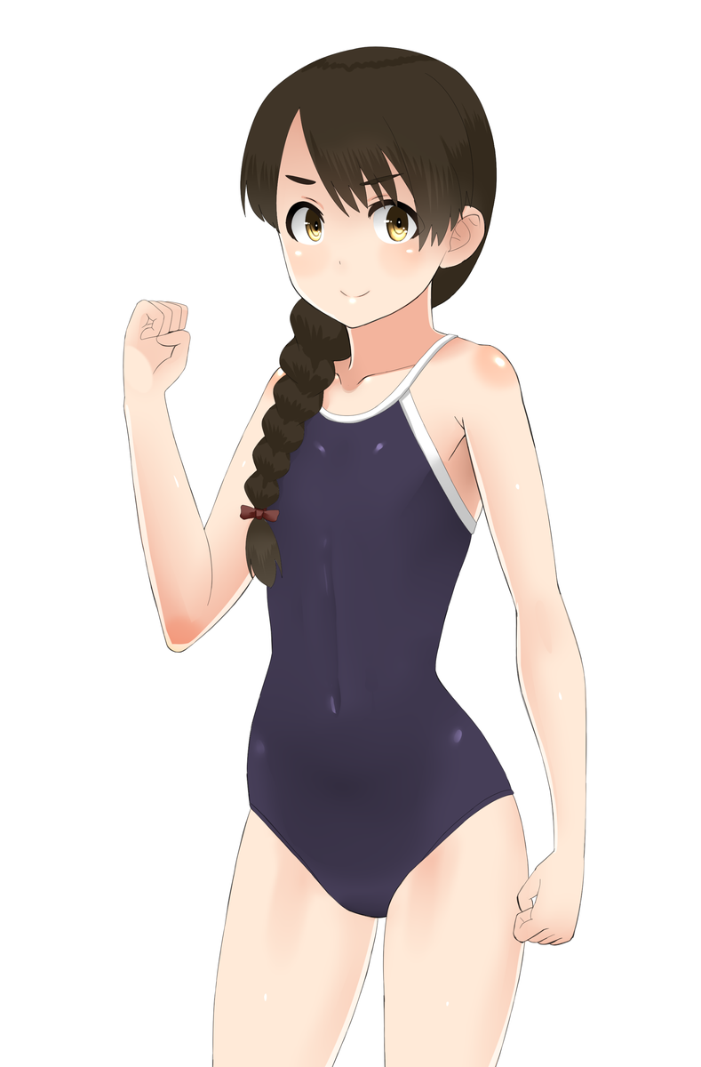 1girl 30-06 black_swimsuit braid brown_eyes brown_hair clenched_hand competition_school_swimsuit contrapposto covered_navel cowboy_shot hair_over_shoulder highres kantai_collection long_hair looking_at_viewer school_swimsuit simple_background single_braid smile solo standing swimsuit uranami_(kantai_collection) white_background