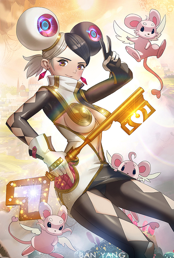 1girl artist_name ban_yang black_hair black_legwear breasts brown_eyes earrings glint gloves jewelry key looking_at_viewer medium_breasts mouse multicolored_hair orange_sky original outdoors short_ponytail sky smirk solo standing two-tone_hair v white_gloves white_hair