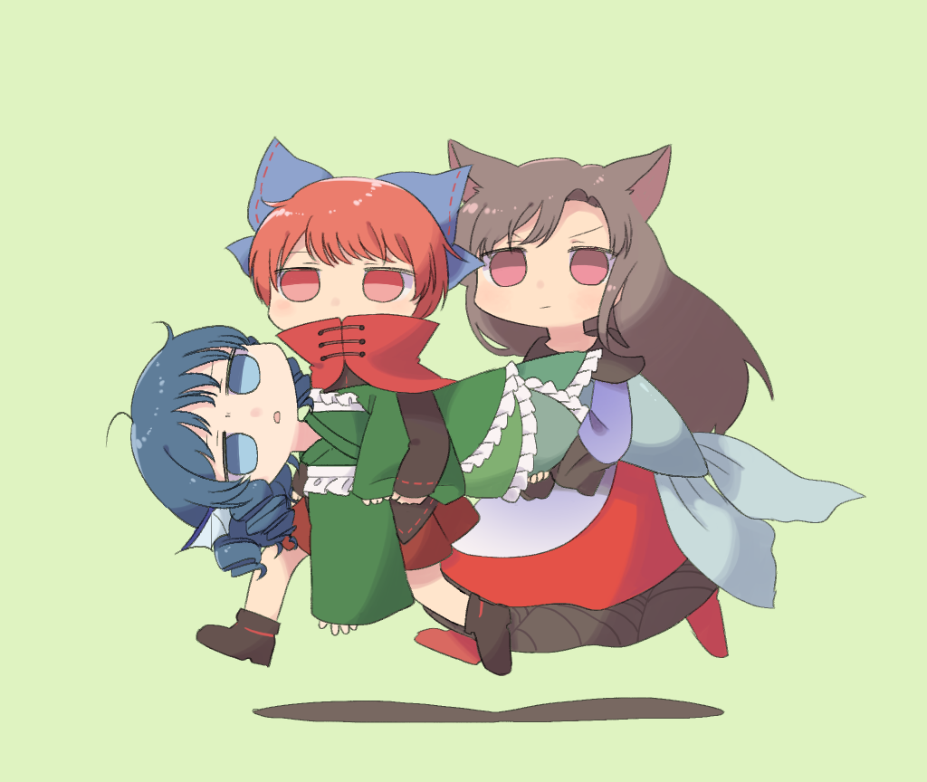 3girls animal_ears bangs blue_bow blue_eyes blue_hair bow brown_footwear brown_hair carrying commentary_request covered_mouth dress drill_hair grass_root_youkai_network green_background green_kimono hair_bow head_fins imaizumi_kagerou japanese_clothes kimono long_hair mermaid monster_girl multiple_girls red_eyes red_footwear redhead running sasa_kichi sekibanki shoes short_hair simple_background touhou wakasagihime wolf_ears