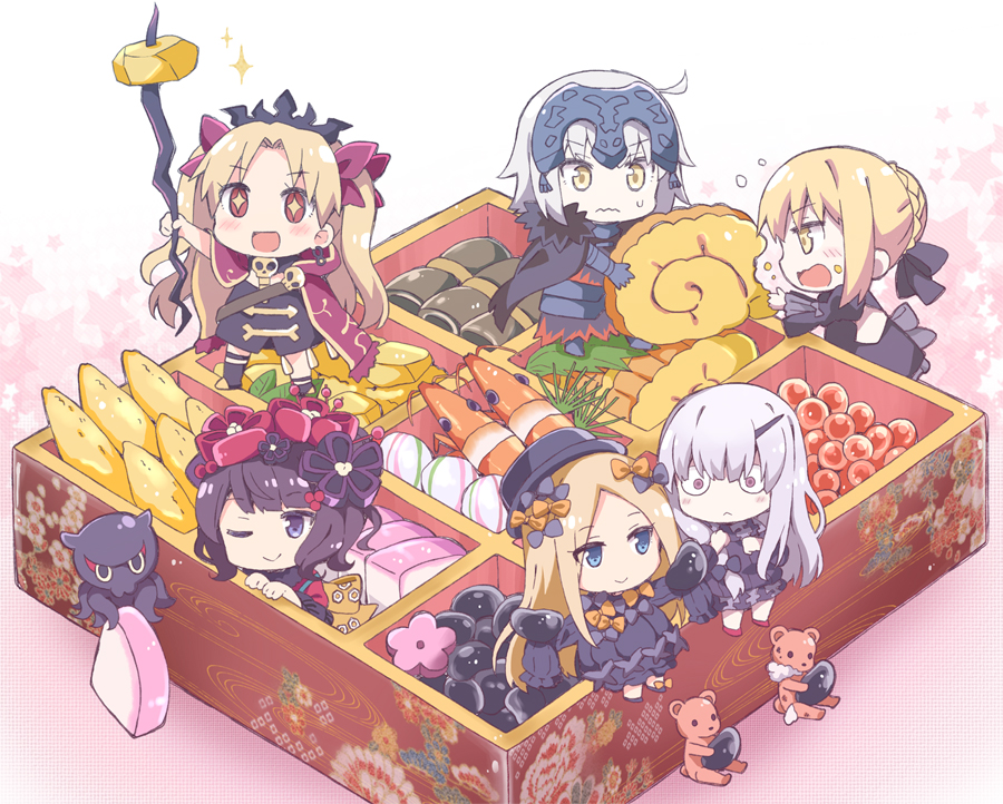 +_+ 6+girls abigail_williams_(fate/grand_order) ahoge armor artoria_pendragon_(all) bangs black_bow black_cape black_dress black_footwear black_hair black_hat black_ribbon blonde_hair blue_eyes blush bow cape chibi closed_mouth commentary_request dress eating ereshkigal_(fate/grand_order) eyebrows_visible_through_hair fate/grand_order fate_(series) floral_print food fur-trimmed_cape fur_trim gauntlets grey_eyes hair_between_eyes hair_bow hair_bun hair_ribbon hat headpiece holding horn jeanne_d'arc_(alter)_(fate) jeanne_d'arc_(fate)_(all) juubako katsushika_hokusai_(fate/grand_order) lavinia_whateley_(fate/grand_order) long_hair long_sleeves minigirl multiple_girls no_nose obentou obi octopus one_eye_closed open_mouth orange_bow osechi pale_skin parted_bangs pink_eyes pink_footwear purple_bow purple_cape red_eyes ribbon rioshi saber_alter sash shrimp silver_hair sitting skull sleeves_past_fingers sleeves_past_wrists smile sparkle stuffed_animal stuffed_toy sweat teddy_bear two_side_up v-shaped_eyebrows very_long_hair wavy_mouth white_hair wide-eyed yellow_eyes