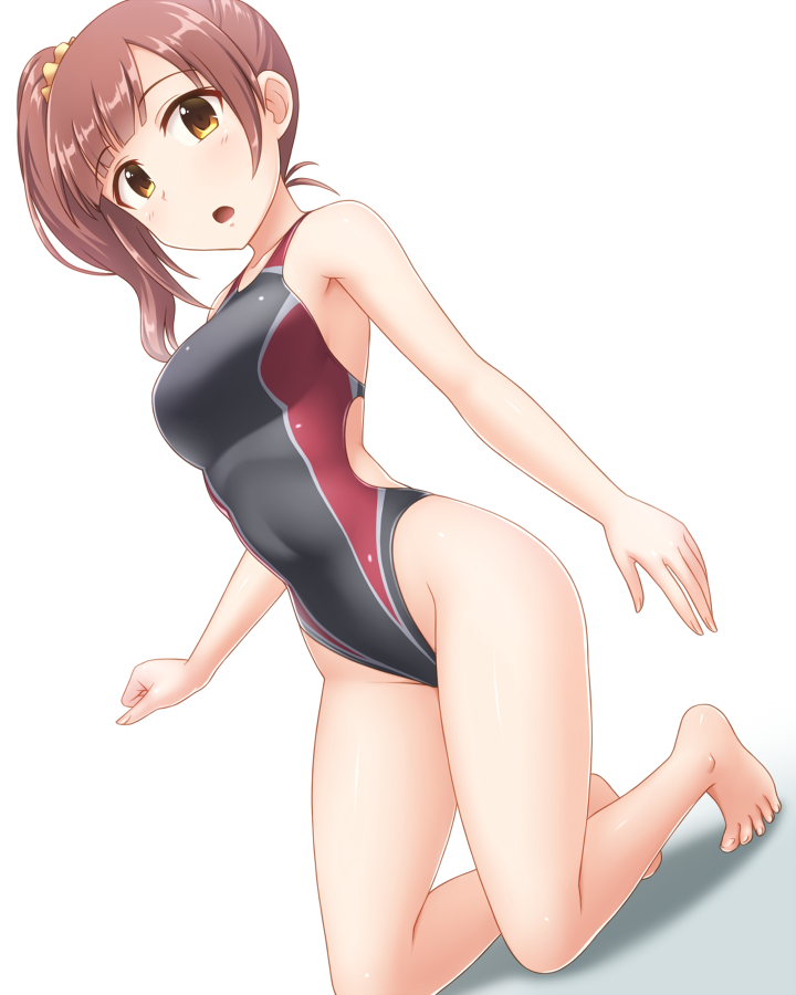 1girl barefoot black_swimsuit brown_eyes brown_hair competition_swimsuit dutch_angle full_body highleg highleg_swimsuit idolmaster idolmaster_cinderella_girls igarashi_kyouko kneeling long_hair looking_at_viewer one-piece_swimsuit open_mouth pataniito side_ponytail simple_background solo swimsuit white_background