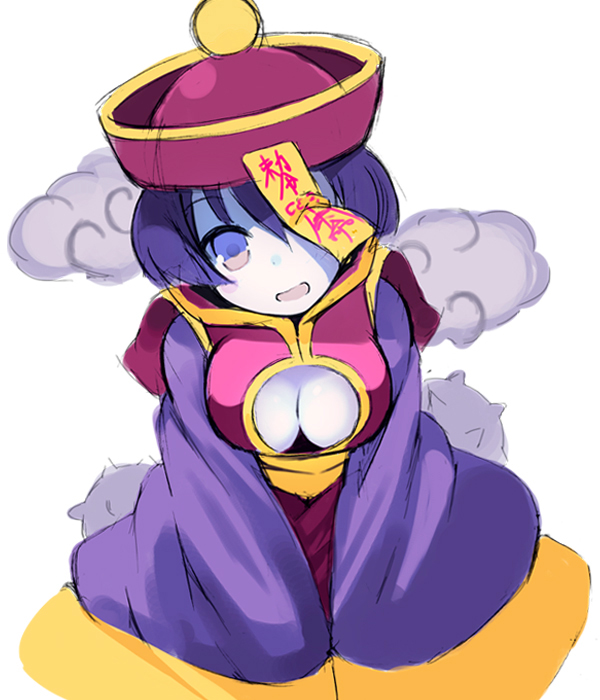 1girl :d bangs blush_stickers breasts chinese_clothes cleavage cleavage_cutout dress dutch_angle eyebrows_visible_through_hair hair_between_eyes hat jiangshi kurasuke large_breasts lei_lei long_sleeves looking_at_viewer ofuda one_eye_covered open_mouth pale_skin purple_dress purple_hair purple_hat short_hair sleeves_past_wrists smile solo vampire_(game) violet_eyes white_background wide_sleeves
