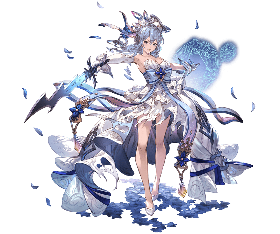 1girl bangs bare_shoulders blue_eyes blue_hair breasts dress elbow_gloves gloves granblue_fantasy hair_ornament high_heels holding holding_sword holding_weapon long_hair looking_at_viewer medium_breasts minaba_hideo official_art open_mouth petals single_elbow_glove solo standing strapless strapless_dress sword therese_(granblue_fantasy) torn_clothes torn_dress transparent_background weapon