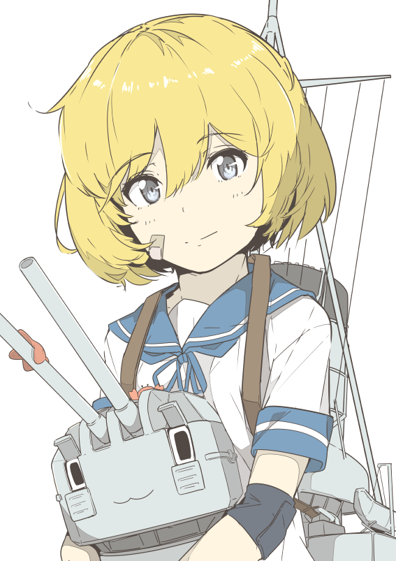 1girl :3 bandaid bandaid_on_face bangs blonde_hair blue_eyes blue_ribbon closed_mouth elbow_pads eyebrows_visible_through_hair holding kantai_collection looking_at_viewer ninimo_nimo oboro_(kantai_collection) ribbon rigging school_uniform serafuku shiny shiny_hair shirt short_hair short_sleeves simple_background smile solo tareme turret upper_body white_background white_shirt