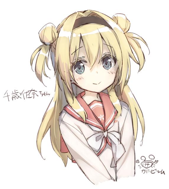 1girl blonde_hair blush bow bowtie closed_mouth commentary_request copyright_request double_bun eyebrows_visible_through_hair hair_intakes hairband long_hair long_sleeves peko pink_sailor_collar school_uniform serafuku shirt signature smile solo translation_request upper_body white_neckwear white_shirt