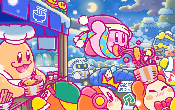 3boys backwards_hat beamed_quavers beanie bird blush_stickers bow bowl bowtie chef_kawasaki chopsticks commentary_request eating food hat headphones jitome kirby kirby_(series) meta_knight mittens moon mountain multiple_boys musical_note new_year night nintendo noodles official_art red_neckwear running scarf sleeping sleeping_bag snow tempura waddle_dee
