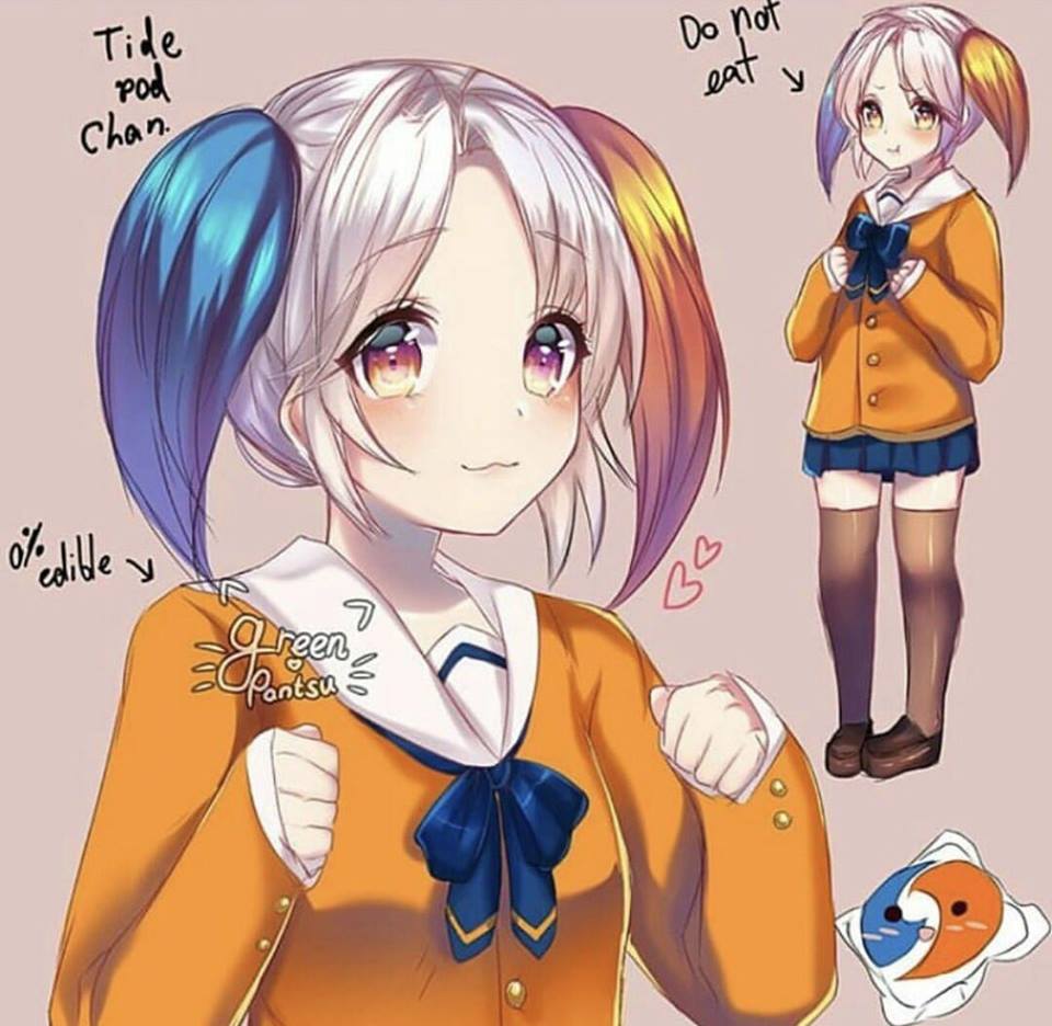 :3 bangs blush cute directional_arrow english english_text eyebrows_visible_through_hair heart multicolored orange original pigeon-toed school_uniform short_hair simple_background text tide_pod-chan twintails