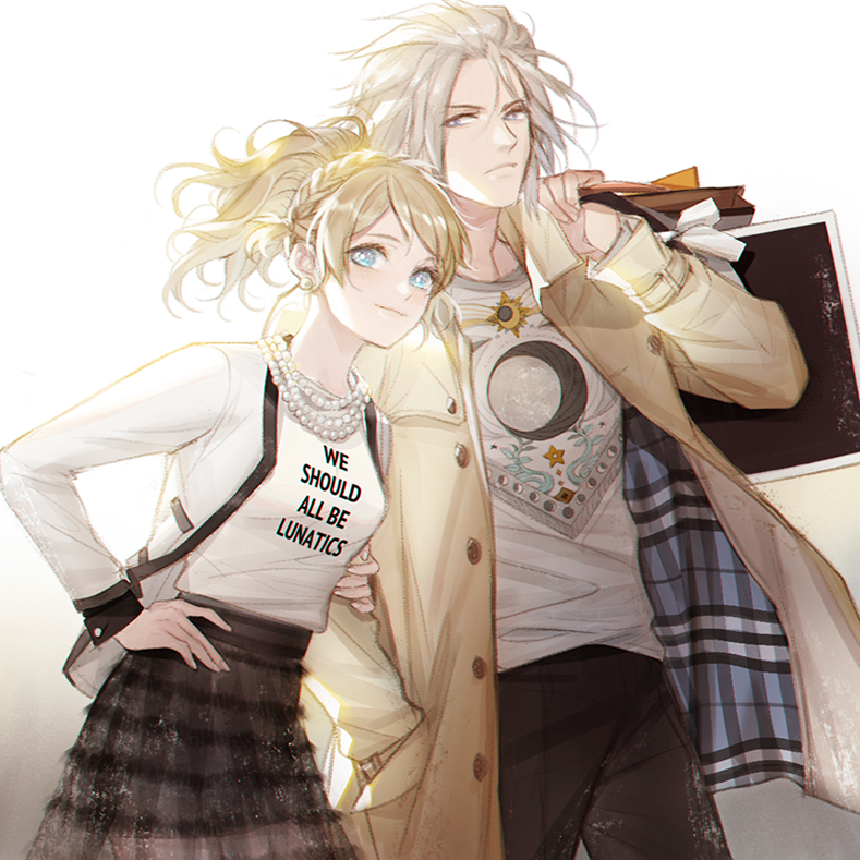 1boy 1girl arm_hug bag beads blonde_hair blue_eyes brother_and_sister casual final_fantasy final_fantasy_xv ginmu hand_on_hip jacket jewelry looking_at_viewer lunafreya_nox_fleuret necklace ravus_nox_fleuret shopping_bag siblings skirt smile