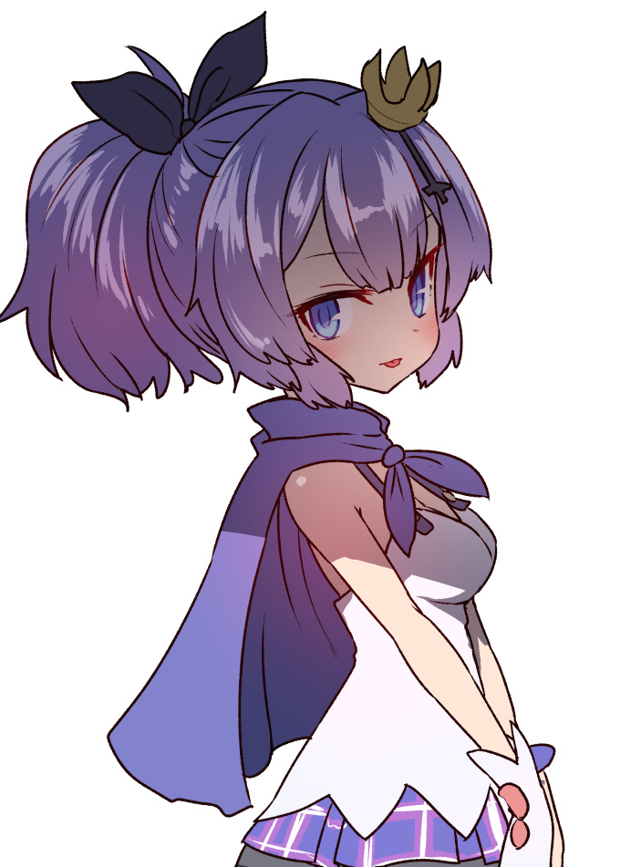 1girl :p azur_lane bare_shoulders black_bow blue_capelet blue_eyes bow breasts capelet character_request crown eyebrows_visible_through_hair from_side gloves hair_bow medium_breasts mini_crown pleated_skirt ponytail purple_hair purple_skirt simple_background skirt smile solo sumiyao_(amam) tongue tongue_out upper_body vest white_background white_gloves white_vest