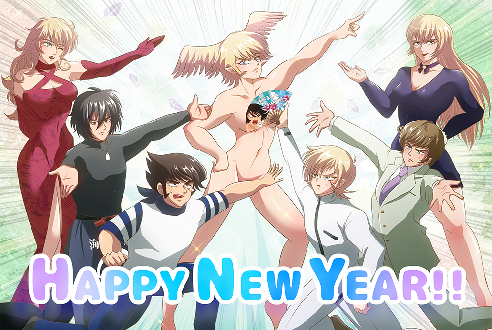 1girl 6+boys androgynous angel_wings asuka_lan asuka_ryou blonde_hair blue_eyes breasts brown_hair coat convenient_censoring crossdressinging devilman devilman_grimoire devilman_lady devilman_saga dress gakuran head_wings hermaphrodite himura_iwao kuma_(nananari3) long_hair multiple_boys nude satan_(devilman) school_uniform short_hair sideburns time_paradox turtleneck wig wings