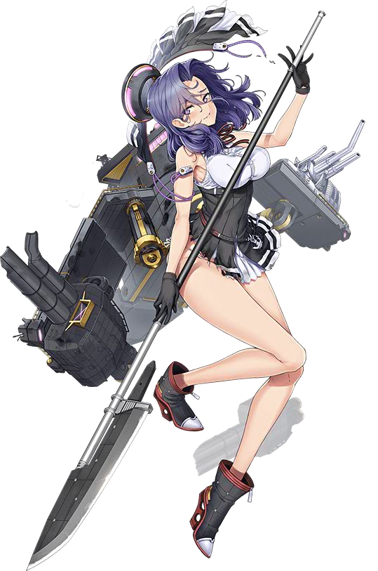 1girl ayaki breasts gloves kantai_collection large_breasts machinery mechanical_halo official_art polearm purple_hair remodel_(kantai_collection) short_hair tatsuta_(kantai_collection) torn_clothes torpedo_tubes turret violet_eyes weapon