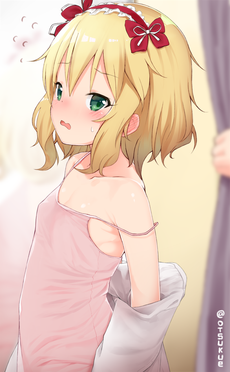 1girl bangs bare_shoulders blonde_hair blurry blush commentary_request curtain_grab curtains depth_of_field dx_(dekusu) embarrassed eyebrows_visible_through_hair flat_chest flying_sweatdrops frilled_hairband from_side green_eyes hairband highres idolmaster idolmaster_cinderella_girls looking_at_viewer open_mouth red_hairband ribbon sakurai_momoka shirt short_hair solo_focus spaghetti_strap standing strap_slip sweatdrop twitter_username undressing upper_body white_ribbon white_shirt