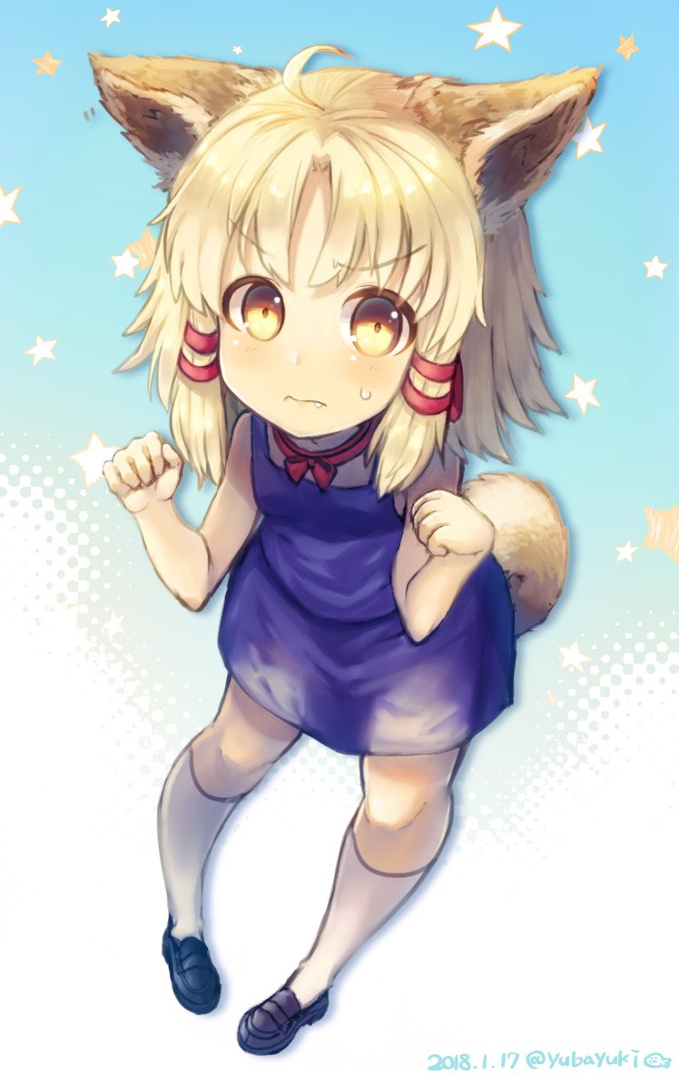 1girl ahoge animal_ears bare_arms black_footwear blonde_hair blue_background clenched_hands closed_mouth dated dog_ears dog_tail eyebrows_visible_through_hair fang_out full_body hair_ribbon kemonomimi_mode kneehighs loafers miniskirt moriya_suwako paw_pose pigeon-toed purple_skirt red_ribbon ribbon shoes skirt sleeveless solo standing star sweatdrop tail touhou tress_ribbon twitter_username vest white_legwear yellow_eyes yubayuki