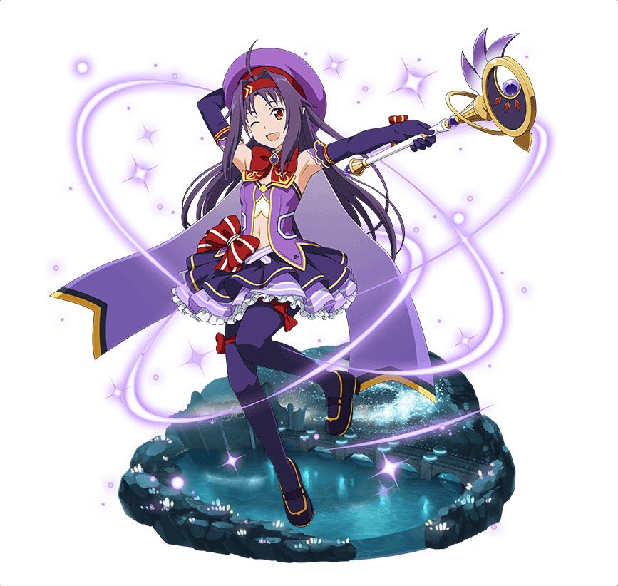1girl ;d ahoge arm_up armpits bow bowtie elbow_gloves floating_hair full_body gloves hat headband holding holding_staff layered_skirt long_hair looking_at_viewer magical_girl midriff miniskirt navel one_eye_closed open_mouth pointy_ears purple_gloves purple_hair purple_hat purple_legwear purple_skirt red_bow red_eyes red_neckwear simple_background skirt smile solo staff stomach sword_art_online thigh_strap very_long_hair white_background yuuki_(sao)