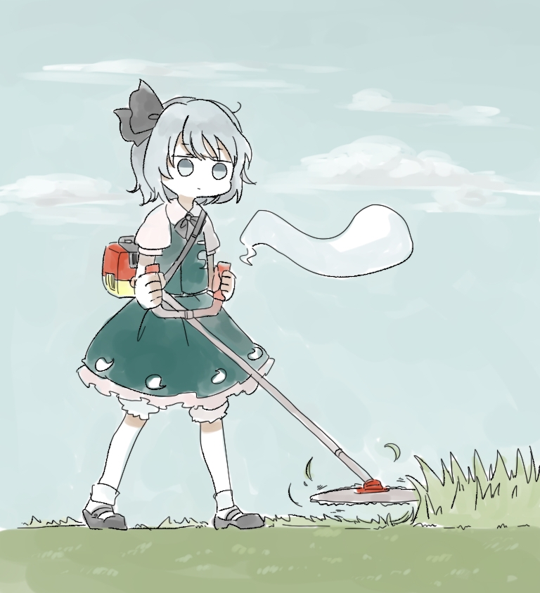 1girl black_footwear black_neckwear blue_eyes blue_hair blue_sky bow bowtie closed_mouth clouds grass green_skirt green_vest konpaku_youmu lawnmower outdoors sasa_kichi shoes short_hair skirt sky socks solo standing touhou vest walking white_legwear