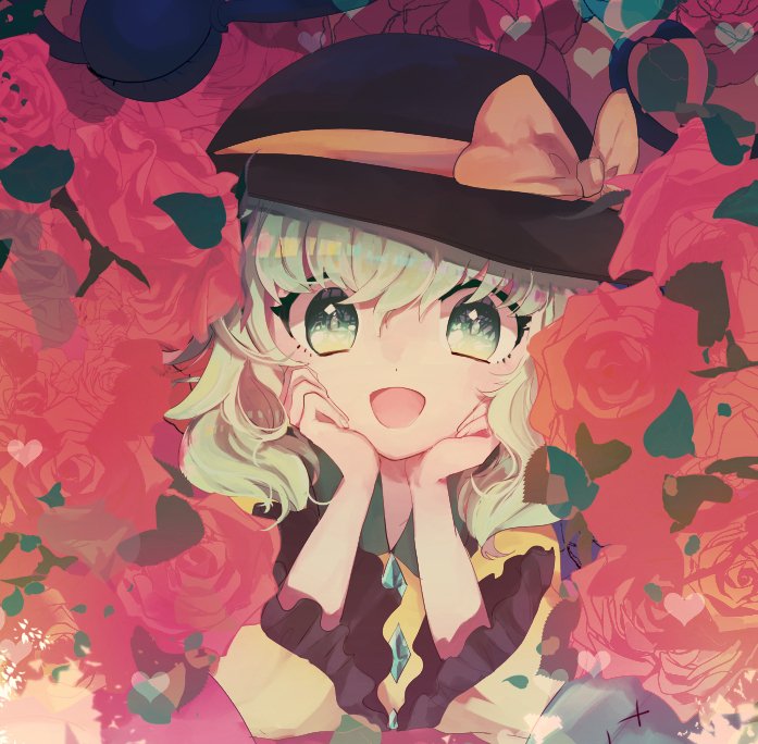 1girl black_hat bow floral_background frilled_sleeves frills green_eyes green_hair hands_on_own_face hat hat_bow hat_ribbon heart komeiji_koishi long_sleeves looking_at_viewer open_mouth ribbon silver_hair smile solo third_eye touhou tsukikusa wavy_hair wide_sleeves yellow_bow