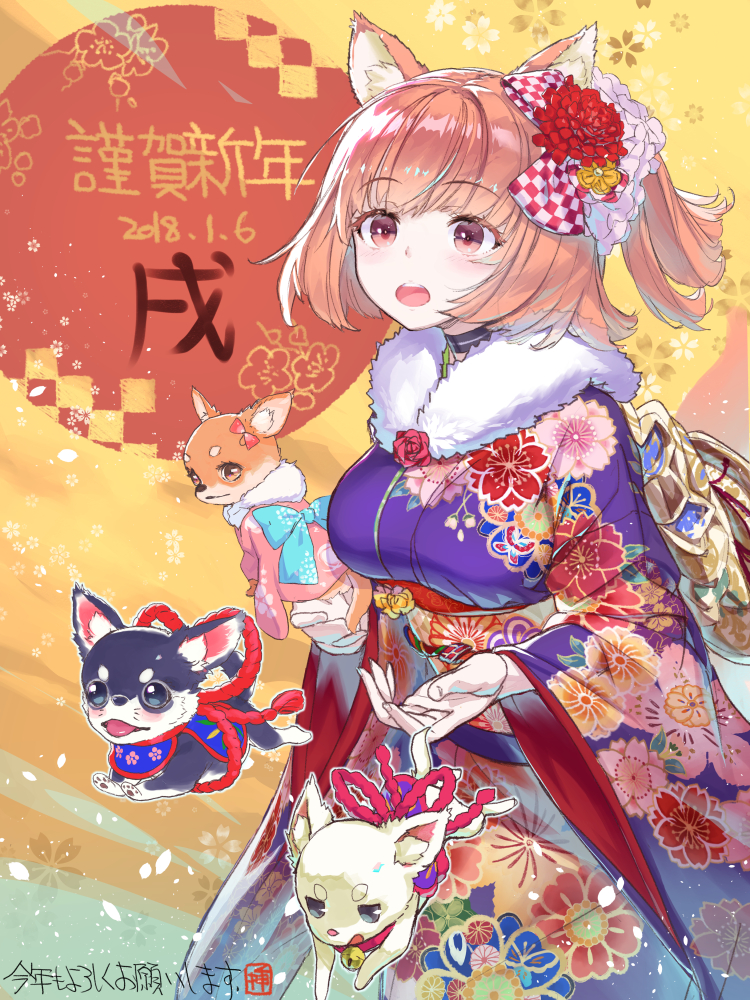 1girl animal animal_ears bangs bell black_choker blush breasts brown_eyes brown_hair chihuahua choker clothed_animal commentary_request dog_ears eyebrows_visible_through_hair fingernails floral_print flower fur_collar hair_flower hair_ornament japanese_clothes jingle_bell kimono large_breasts long_sleeves nengajou new_year obi open_mouth original pink_kimono print_kimono purple_kimono red_flower sanbasou sash solo translated upper_teeth wide_sleeves year_of_the_dog