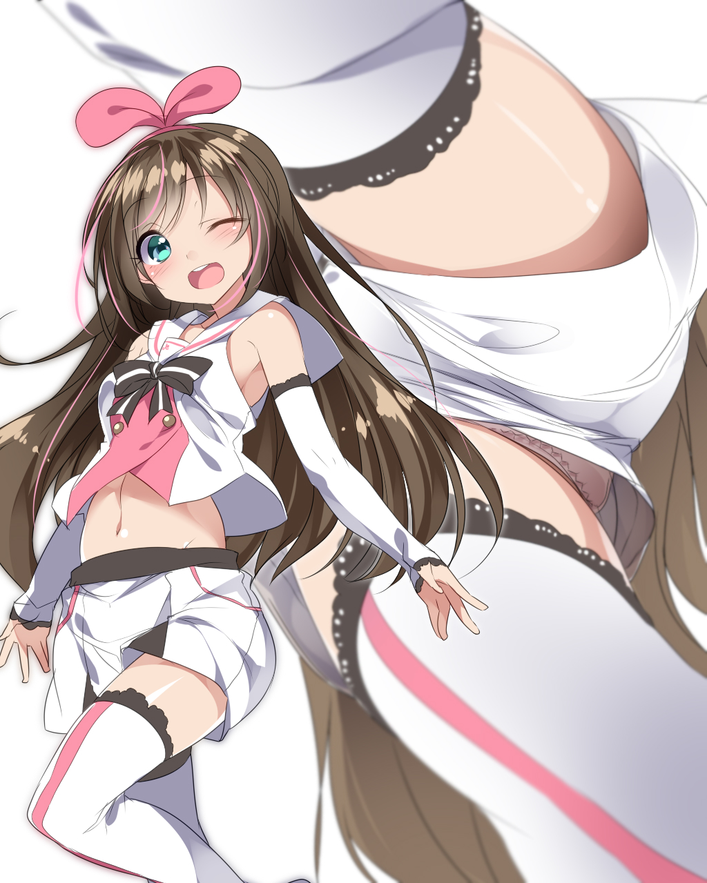 1girl ;d a.i._channel aqua_eyes ass bangs bare_shoulders black_bow black_neckwear blurry blush bow bowtie brown_hair brown_panties depth_of_field detached_sleeves eyebrows_visible_through_hair from_below hair_ribbon highres kizuna_ai leg_up long_hair long_sleeves looking_at_viewer mtu_(orewamuzituda) multicolored_hair multiple_views navel one_eye_closed open_mouth panties pantyshot pantyshot_(standing) pink_hair pink_ribbon ribbon round_teeth sailor_collar school_uniform serafuku shiny shiny_hair shiny_skin smile solo standing standing_on_one_leg stomach swept_bangs teeth thigh-highs thighs two-tone_hair underwear upshorts very_long_hair white_legwear