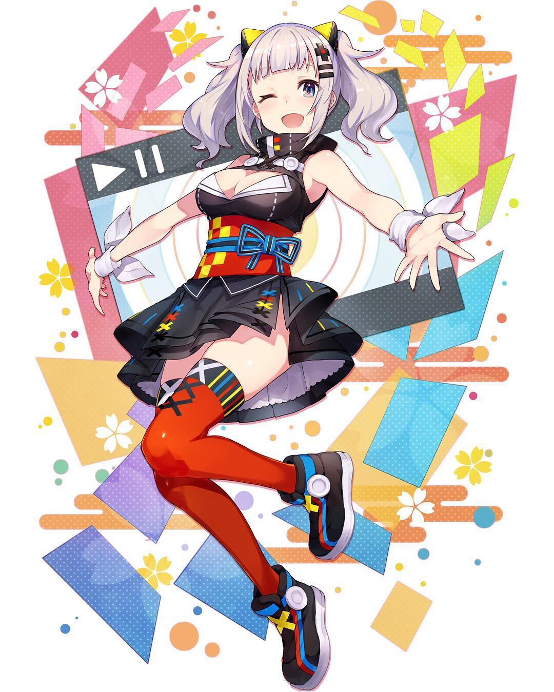 1girl ;d bangs bare_arms blue_eyes boots breasts cleavage cleavage_cutout dress eyebrows_visible_through_hair full_body hair_ornament hairclip highres jpeg_artifacts kaguya_luna kaguya_luna_(character) legs_up looking_at_viewer medium_breasts medium_hair mika_pikazo obi official_art one_eye_closed open_mouth outstretched_arms red_legwear sash silver_hair sleeveless sleeveless_dress smile solo spread_arms thigh-highs twintails wristband