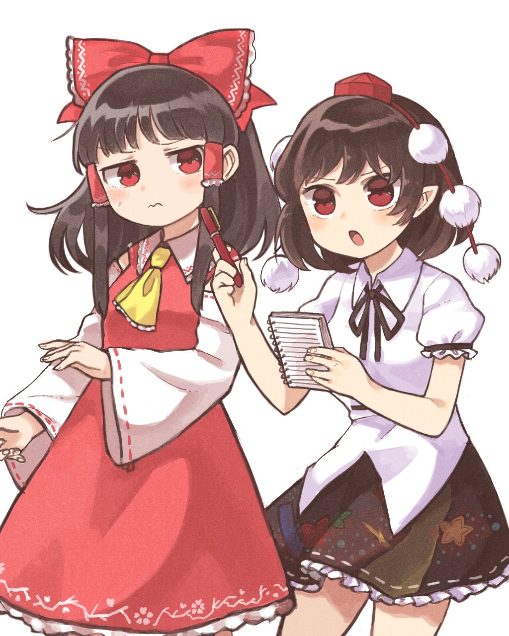 2girls ascot black_hair black_skirt bow detached_sleeves fingernails hair_bow hair_tubes hakurei_reimu hand_up hat highres holding long_hair multiple_girls notebook pen pointy_ears pom_pom_(clothes) red_bow red_eyes red_skirt ribbon-trimmed_sleeves ribbon_trim sasa_kichi shameimaru_aya shirt simple_background skirt sweatdrop tokin_hat touhou wavy_mouth white_background white_shirt wide_sleeves yellow_neckwear