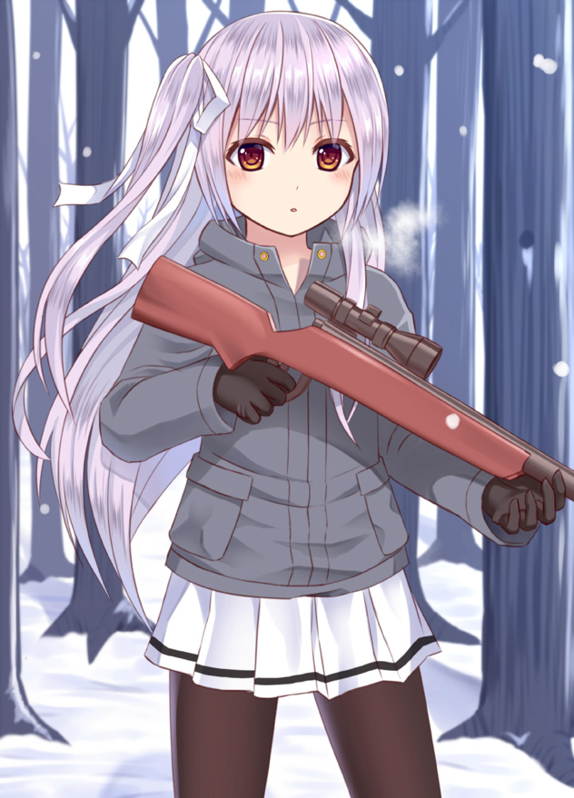 1girl :o bangs bare_tree black_gloves black_legwear blush breath brown_eyes commentary_request eyebrows_visible_through_hair finger_on_trigger gloves grey_jacket gun hair_between_eyes hair_ribbon holding holding_gun holding_weapon jacket long_hair long_sleeves looking_at_viewer one_side_up original outdoors pantyhose parted_lips pleated_skirt purple_hair ribbon rifle scope skirt sniper_rifle snow snowing solo standing tree tsukino_neru very_long_hair weapon weapon_request white_ribbon white_skirt