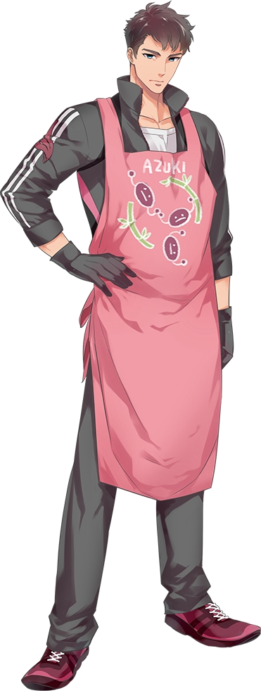 1boy apron azuki_nagamitsu_(touken_ranbu) black_gloves blue_eyes gloves hand_on_hip homerun_ken male_focus official_art redhead touken_ranbu track_suit transparent_background