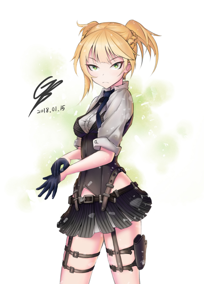 1girl ammunition_pouch bangs belt black_gloves black_neckwear black_skirt blonde_hair braid breasts buckle buttons closed_mouth collared_shirt corset dated elbow_sleeve expressionless eyebrows_visible_through_hair garter_straps girls_frontline glove_pull gloves green_eyes half_gloves holster looking_at_viewer medium_breasts necktie pleated_skirt shirt short_hair short_twintails sidelocks signature simple_background skindentation skirt solo strap striped_vest superman3go thigh_holster thigh_strap thighs tsurime twintails vest welrod_mk2_(girls_frontline) white_shirt