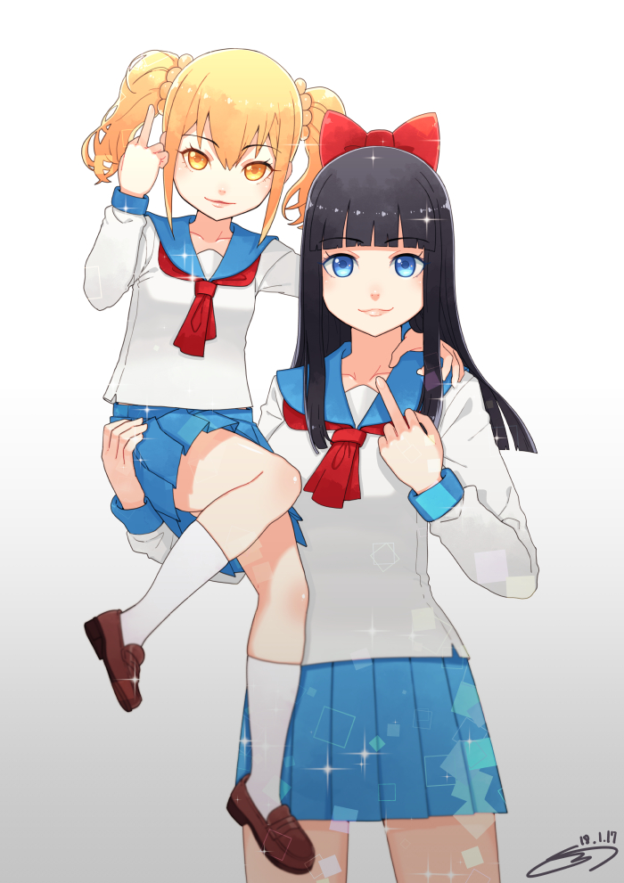 2girls black_hair blue_eyes blue_skirt bow brown_eyes brown_footwear brown_hair carrying dated hair_bow long_hair middle_finger multiple_girls pipimi poptepipic popuko red_bow school_uniform short_twintails skirt smile ssalbaram standing twintails white_legwear