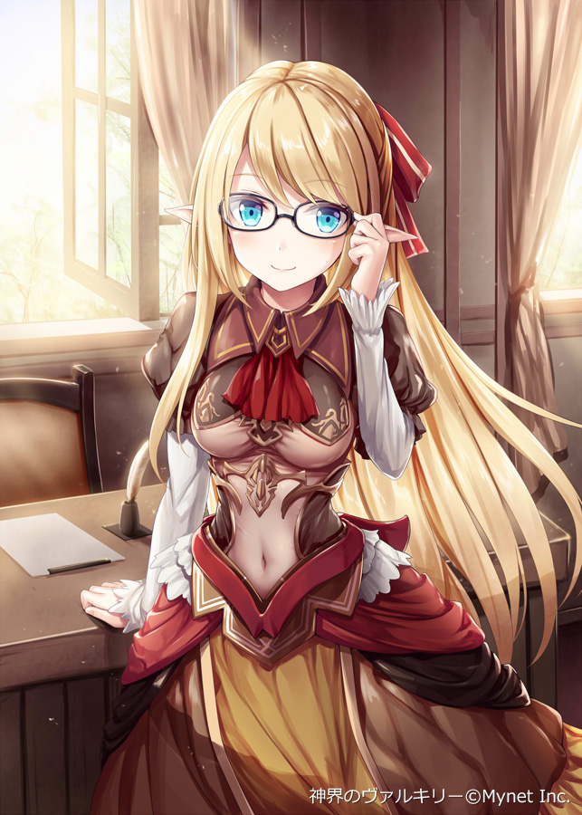 1girl akkijin bell blonde_hair blue_eyes breasts brown_dress card_(medium) christmas christmas_ornaments desk dress elf garland_(decoration) glasses hand_on_eyewear looking_at_viewer medium_breasts official_art open_window out_of_frame pointy_ears shinkai_no_valkyrie smile solo sunlight window