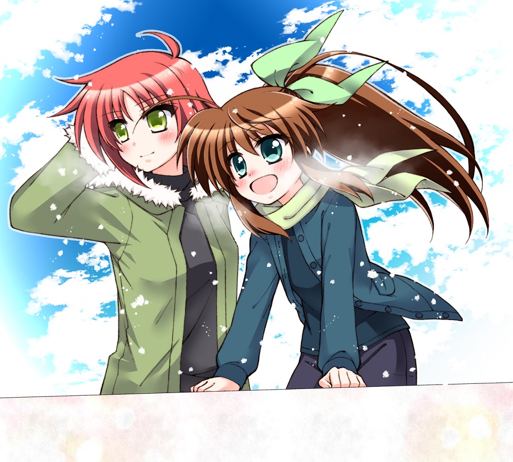 2girls arm_behind_head arm_support black_shirt breath brown_hair clouds cloudy_sky day eyebrows_visible_through_hair fuuka_reventon green_coat green_eyes green_ribbon hair_ribbon kohaku_(kohagura) leaning_forward light_particles light_smile looking_to_the_side lyrical_nanoha multiple_girls nove_(nanoha) numbers_(nanoha) open_mouth outdoors ponytail redhead ribbon shirt short_hair sky smile vivid_strike! yellow_eyes