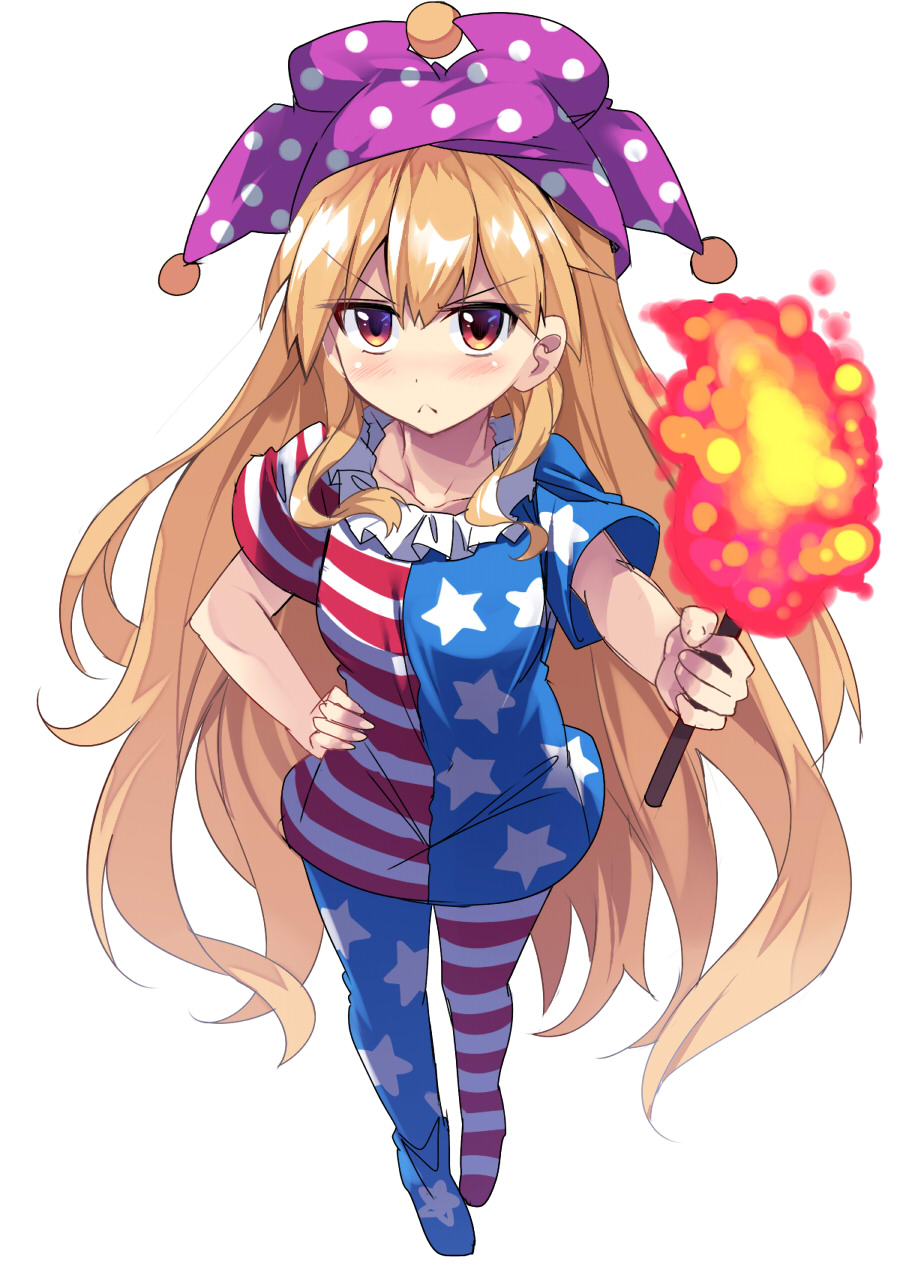&gt;:( 1girl american_flag_dress american_flag_legwear blonde_hair clownpiece collarbone commentary_request e.o. eyebrows_visible_through_hair full_body hand_on_hip hat highres holding jester_cap long_hair looking_at_viewer neck_ruff no_shoes red_eyes short_sleeves simple_background solo torch touhou very_long_hair white_background