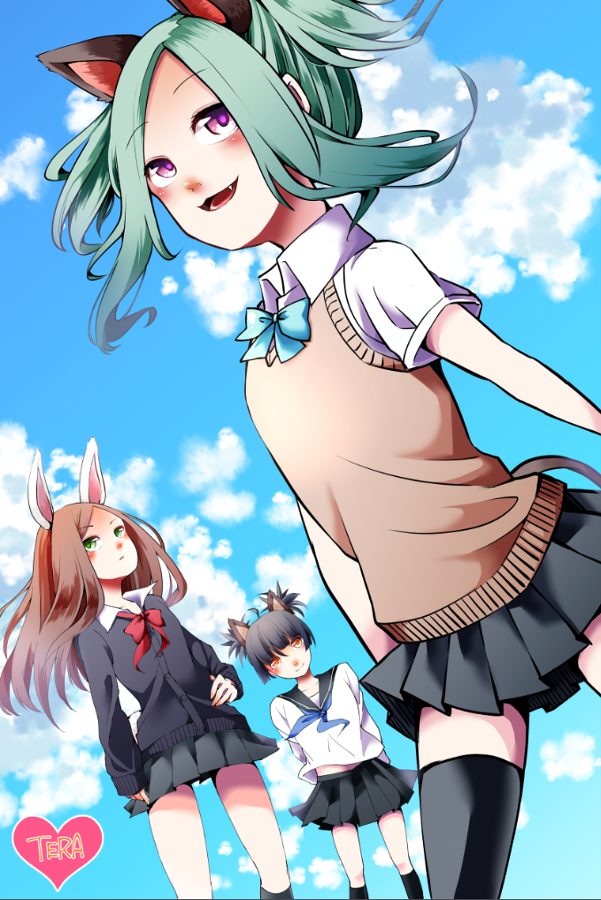 3girls animal_ears arms_behind_back artist_request black_cardigan black_hair black_legwear black_skirt brown_eyes brown_hair brown_sweater bunny_tail cardigan cat_ears cat_tail clouds dog_ears elin_(tera) fang green_eyes green_hair kneehighs long_hair multiple_girls open_mouth outdoors rabbit_ears school_uniform serafuku shirt short_hair short_twintails skirt sky smile sweater_vest tail tera_online thigh-highs twintails violet_eyes white_shirt zettai_ryouiki