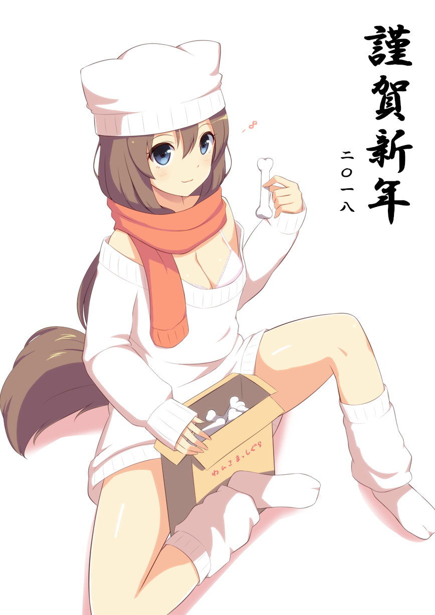 1girl animal_ears animal_hat bangs beanie blue_eyes blush bra breasts brown_hair carton cartoon_bone cleavage closed_mouth commentary_request dog_ears dog_girl dog_hat dog_tail enpera fringe full_body hair_between_eyes hat highres holding leg_warmers long_hair long_sleeves looking_at_viewer medium_breasts mijinko_(rioriorio) orange_scarf original scarf sitting sleeves_past_wrists smile socks solo sweater tail translated underwear very_long_hair white_background white_bra white_hat white_legwear white_sweater
