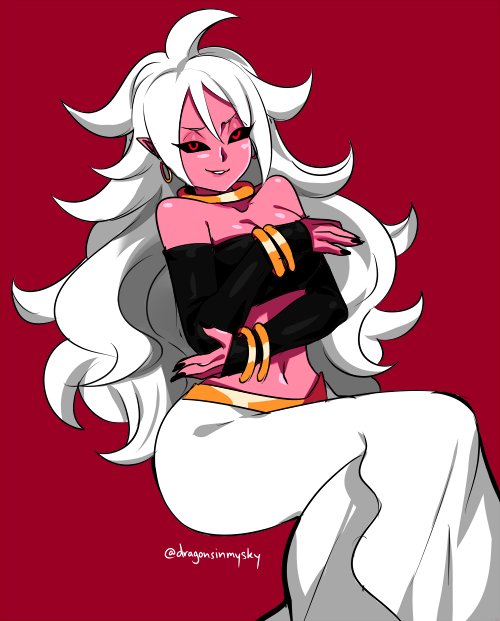 1girl alternate_form android_21 black_nails black_sclera bracelet d-ryuu dragon_ball dragon_ball_fighterz earrings hoop_earrings jewelry looking_at_viewer majin_android_21 midriff monster_girl nail_polish navel pink_skin pointy_ears red_background red_eyes smile smirk solo spoilers white_hair