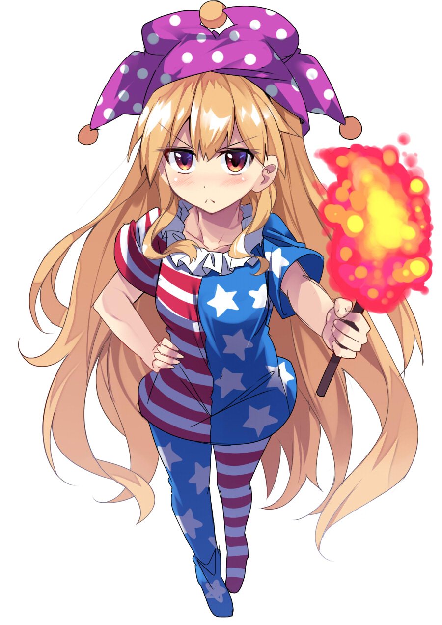 &gt;:( 1girl american_flag_dress american_flag_legwear blonde_hair clownpiece collarbone commentary_request e.o. eyebrows_visible_through_hair full_body hand_on_hip hat highres holding jester_cap long_hair looking_at_viewer neck_ruff no_shoes red_eyes short_sleeves simple_background solo torch touhou very_long_hair white_background