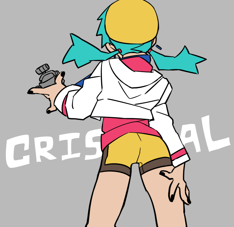 1girl aqua_hair ass bike_shorts black_nails crystal_(pokemon) grey_background headwear k!n nail_polish pokegear pokemon pokemon_(game) pokemon_gsc twintails