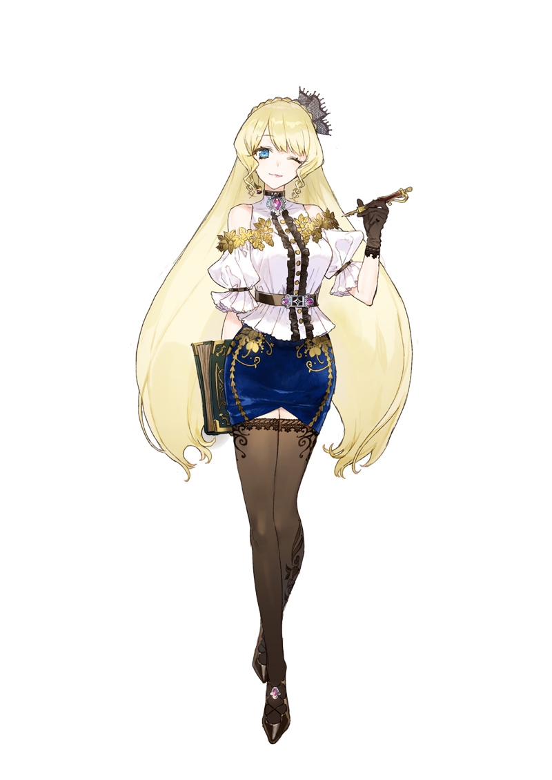 1girl atelier_(series) atelier_lydie_&amp;_suelle bare_shoulders belt blonde_hair blue_eyes book full_body gem gloves high_heels long_hair mireille_ferrie_adalett noco_(adamas) official_art one_eye_closed pencil simple_background solo thigh-highs very_long_hair white_background