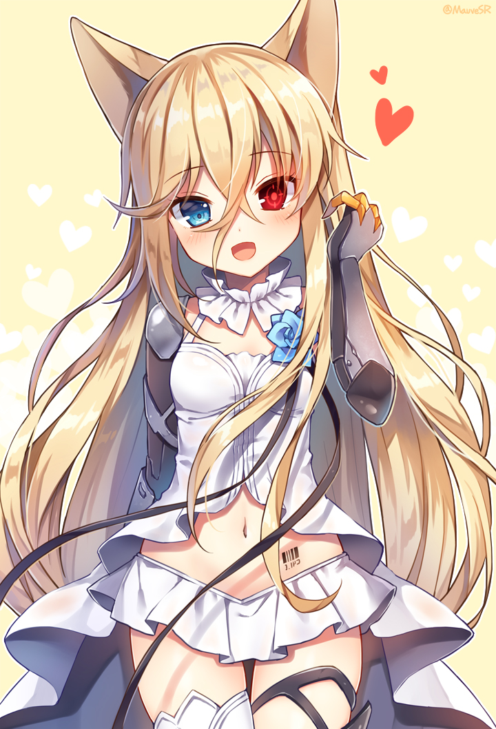 1girl animal_ears artist_name blonde_hair blue_eyes blush breasts cowboy_shot eyebrows_visible_through_hair g41_(girls_frontline) girls_frontline hair_between_eyes heart heterochromia long_hair looking_at_viewer mauve microskirt navel open_mouth red_eyes skirt small_breasts smile solo twitter_username very_long_hair white_skirt yellow_background