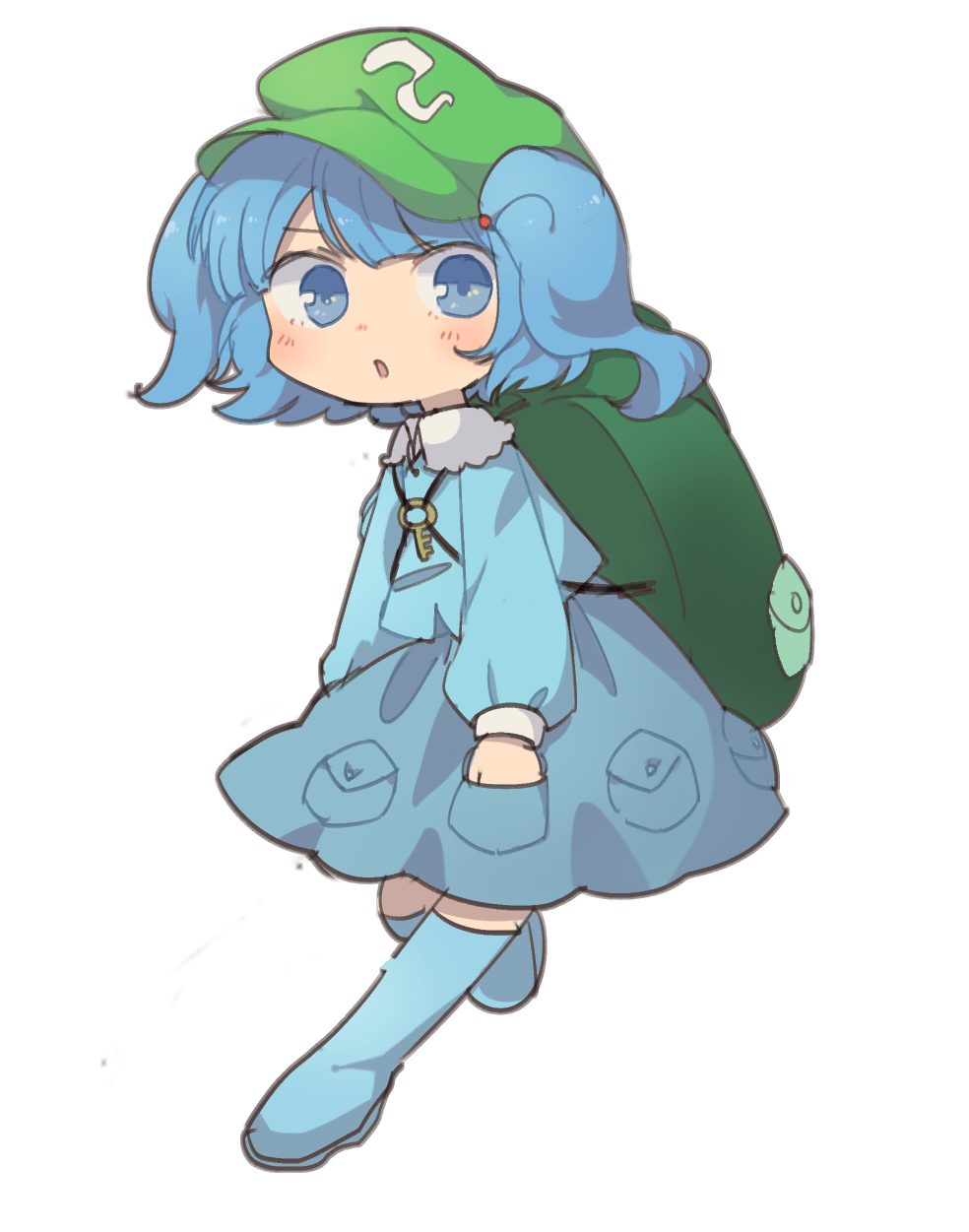 1girl :o bangs blue_eyes blue_footwear blue_hair blue_shirt blue_skirt blush boots chibi full_body green_hat hat highres kawashiro_nitori key_necklace knee_boots long_sleeves looking_at_viewer parted_lips sasa_kichi shirt simple_background skirt solo touhou twintails white_background wing_collar