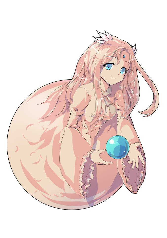 1girl alphes_(style) blue_eyes closed_mouth collared_shirt dairi eyebrows eyebrows_visible_through_hair facing_away forehead_jewel frilled_shirt_collar frilled_sleeves frills full_body full_moon gem hair_ornament kikuri_(touhou) leaning leaning_forward light_brown_hair long_hair long_sleeves moon necktie orb parody shirt simple_background single_hair_intake smile solo style_parody tareme touhou touhou_(pc-98) transparent_background wide_sleeves